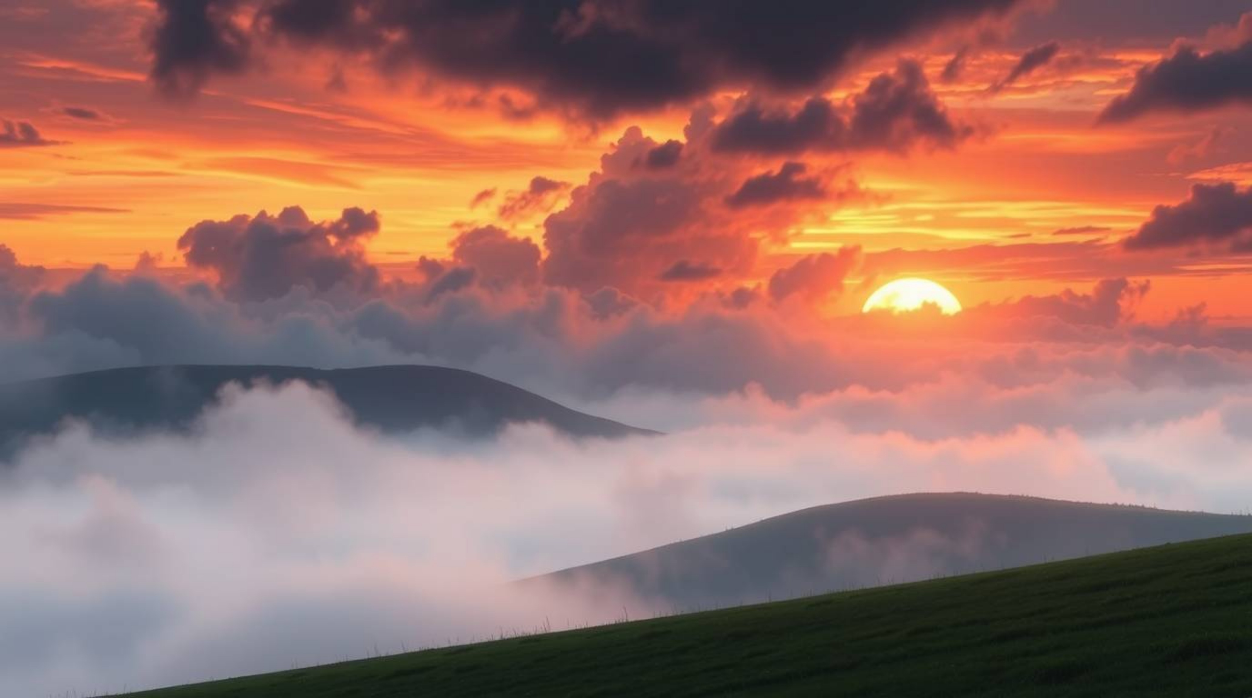 This illustration captures a dramatic scene of fog-covered hills bathed in the warm light of a setting sun. The stormy skies 