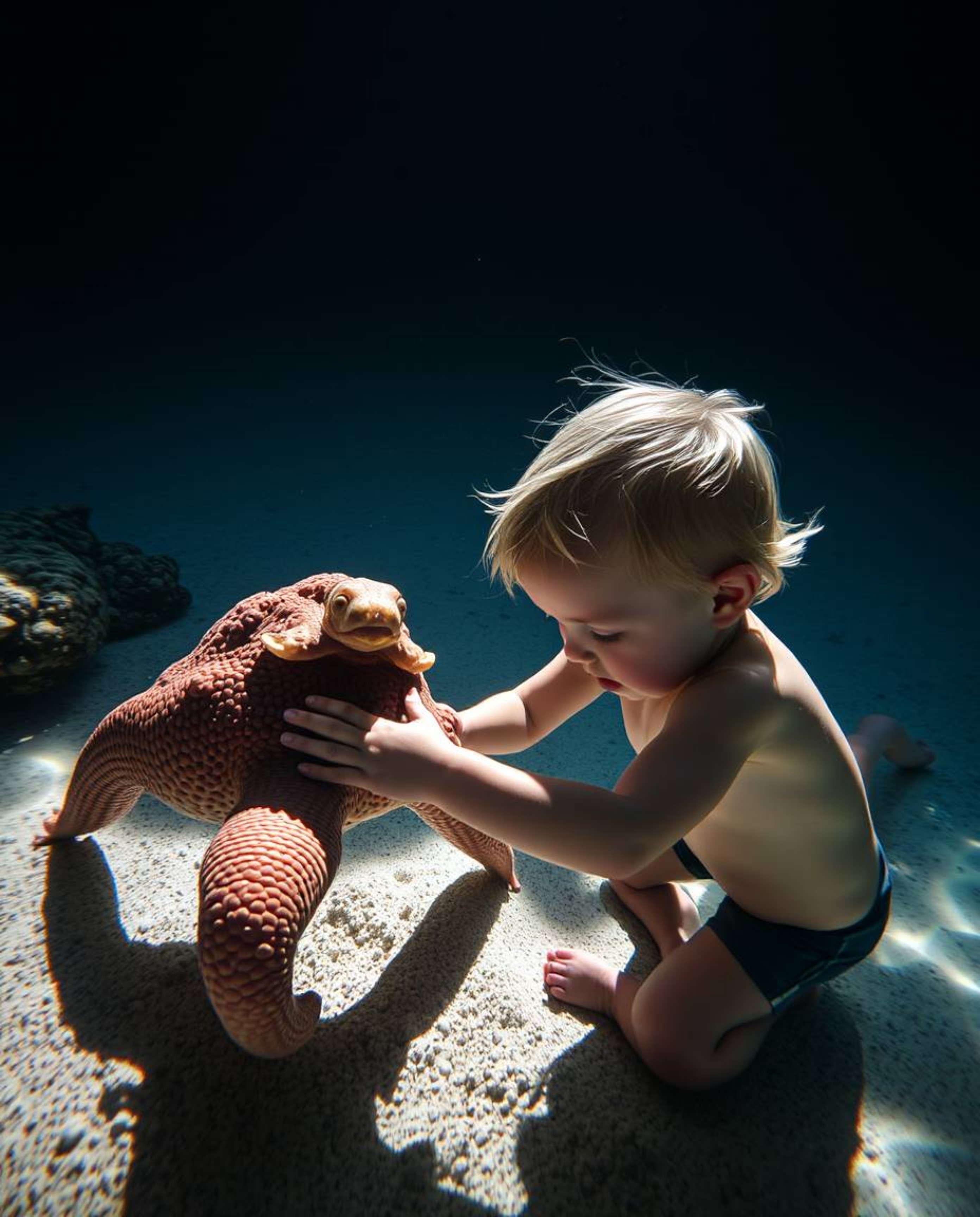 A captivating image depicting a sea creature and a child interacting under intense, hard lighting. The resulting dramatic sha