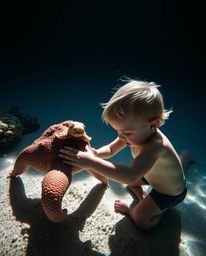 A captivating image depicting a sea creature and a child interacting under intense, hard lighting. The resulting dramatic sha