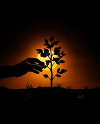 A captivating high-contrast, low-key photograph showcases hands tenderly planting a tree, set against the backdrop of a breat