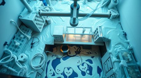 Explore a slime-covered science lab from a unique bird's eye perspective, showcasing iridescent reflections and a mesmerizing
