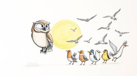 A heartwarming hand-drawn sketch in the style of Pixar depicts a blind owl with soft, expressive features, guiding a diverse 