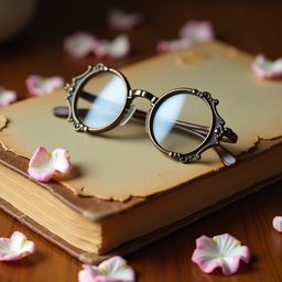 A captivating scene unfolds: a pair of vintage round-framed spectacles with thick, transparent lenses and ornate metal detail