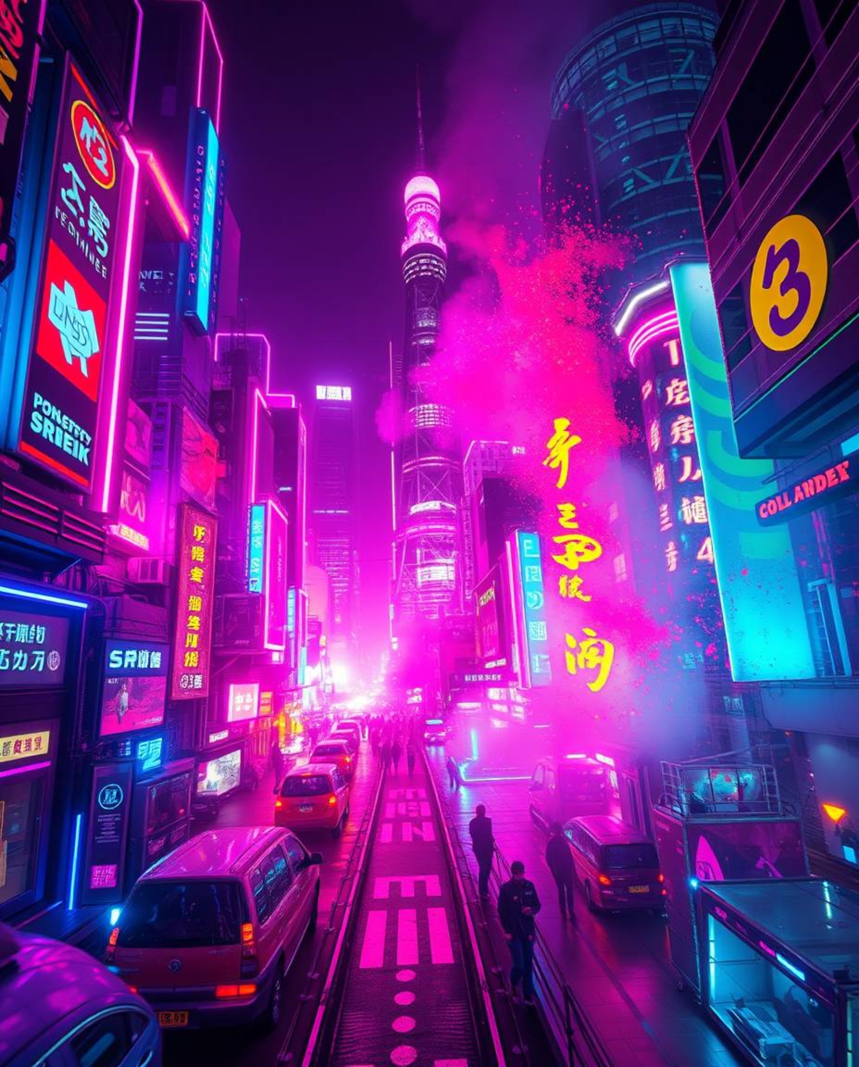 A dramatic, cinematic image showcasing a vibrant futuristic cityscape and cyberpunk environment.  The scene is awash in color