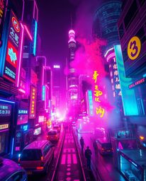 A dramatic, cinematic image showcasing a vibrant futuristic cityscape and cyberpunk environment.  The scene is awash in color
