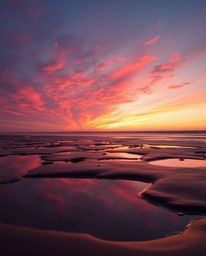 A warm sunset sky is mirrored in tidal pools on a beach, where a palette of reds, oranges, and yellows dominates the scene. T