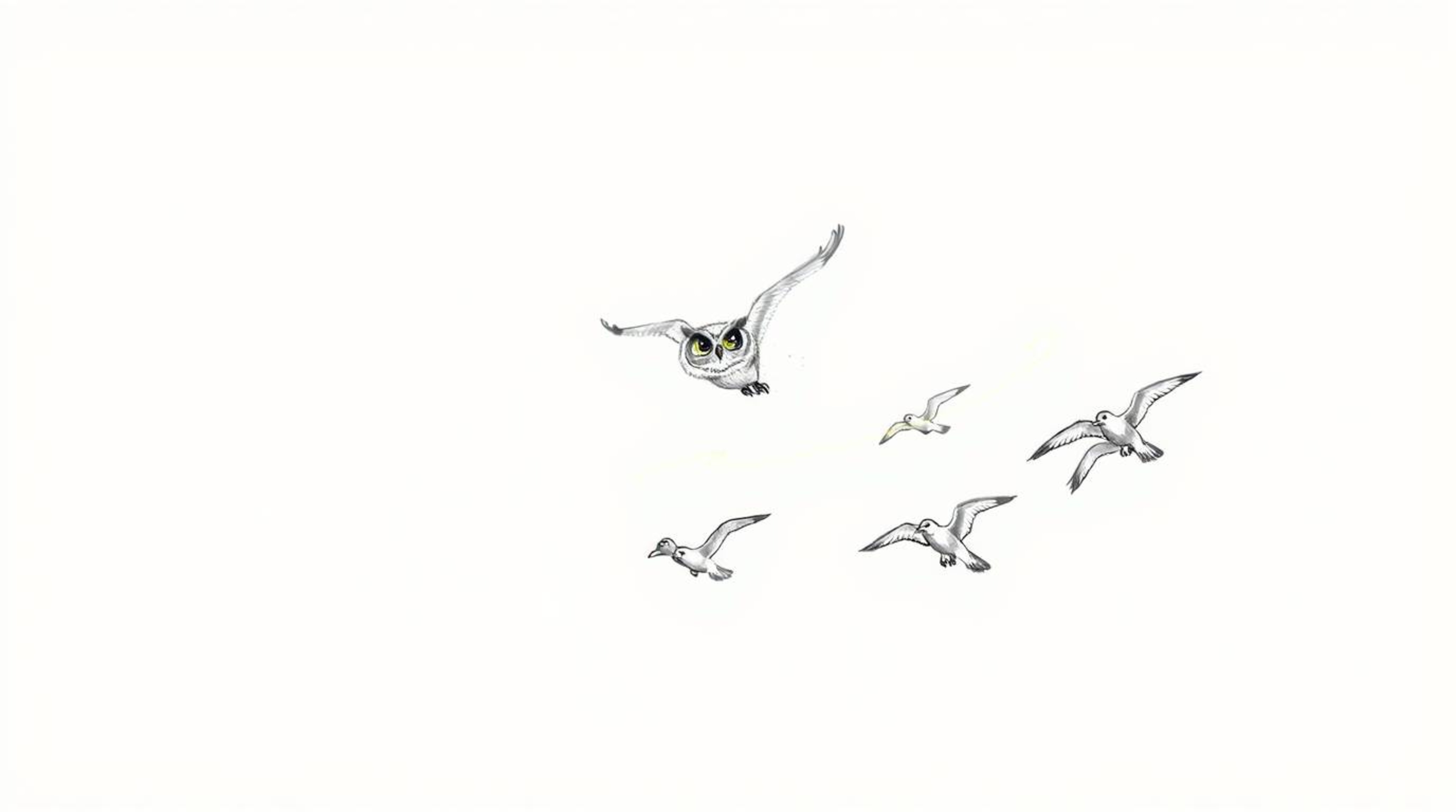 A captivating hand-drawn sketch in the style of Pixar, showcasing a blind owl in mid-flight, gracefully teaching a flock of b