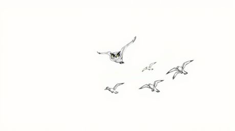 A captivating hand-drawn sketch in the style of Pixar, showcasing a blind owl in mid-flight, gracefully teaching a flock of b