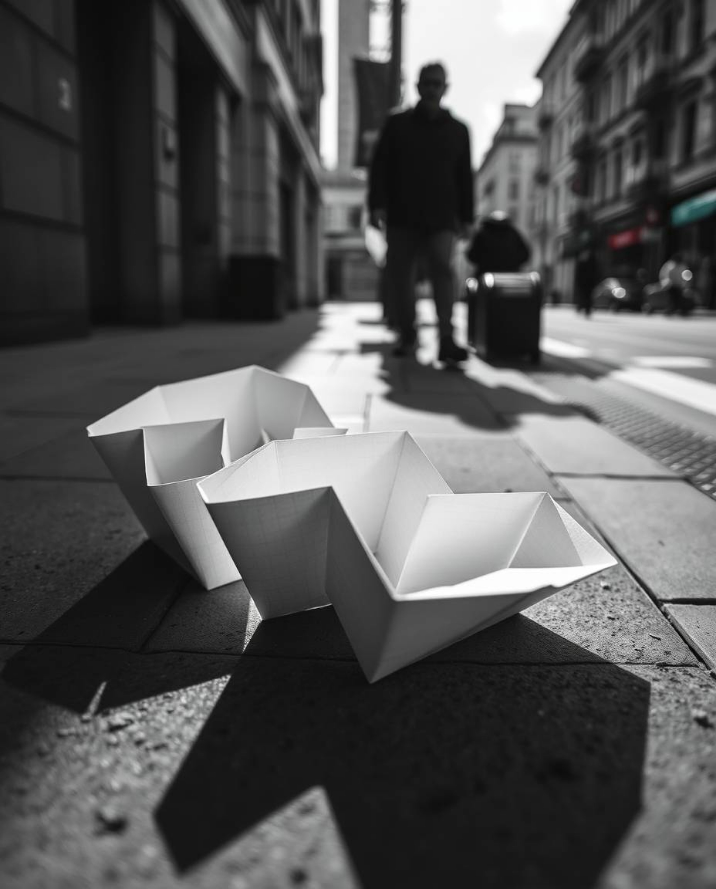 A captivating monochrome macro street photograph reveals a striking 3D geometric pattern, reminiscent of folded paper.  Intri