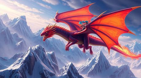 A vibrant digital painting depicts a dragon and its rider soaring above icy, jagged mountains.  The scene is bursting with fa