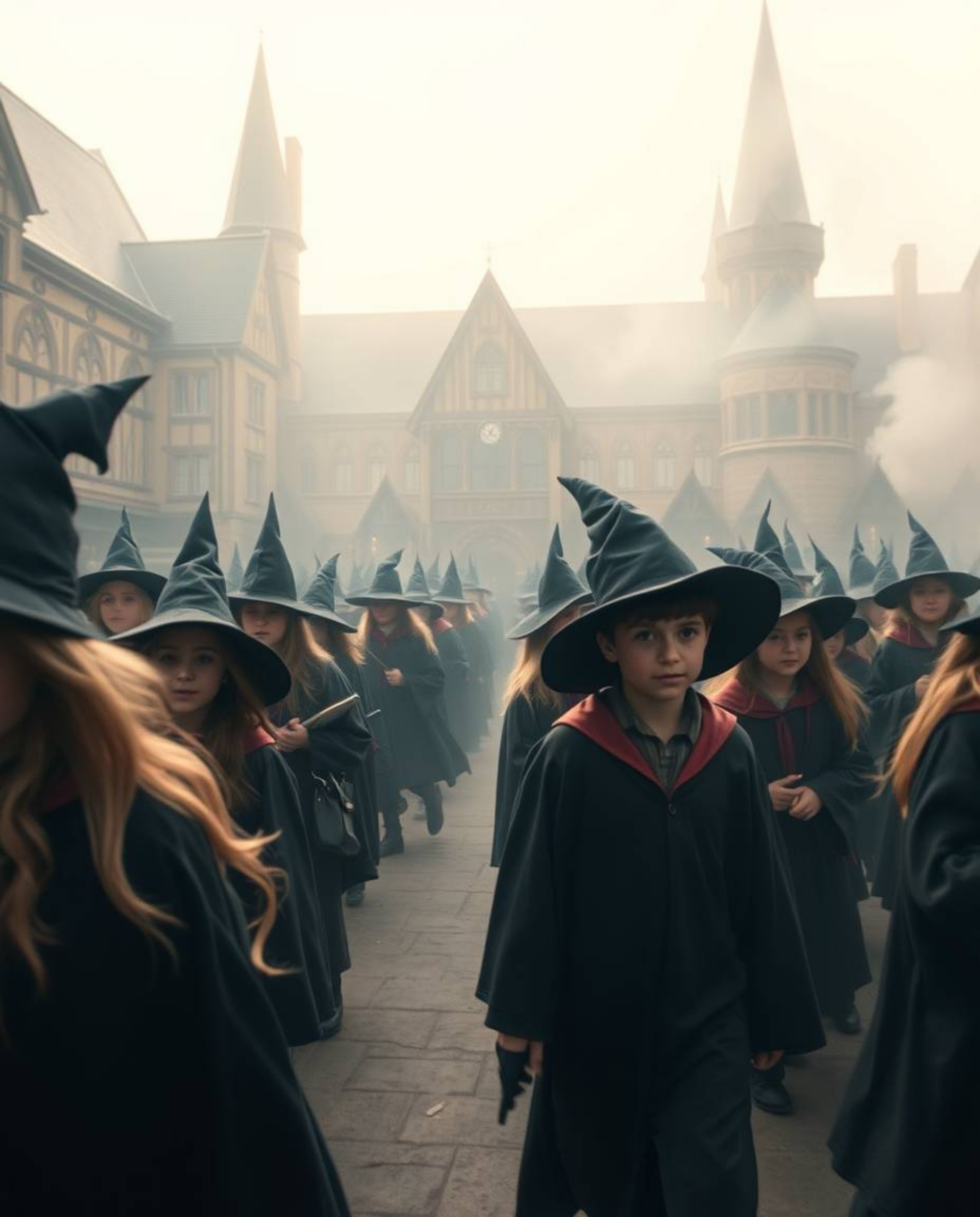 Capture the enchanting world of a magical school with this soft, dreamy cinematic photograph. Filled with young wizards, the