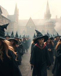 Capture the enchanting world of a magical school with this soft, dreamy cinematic photograph. Filled with young wizards, the