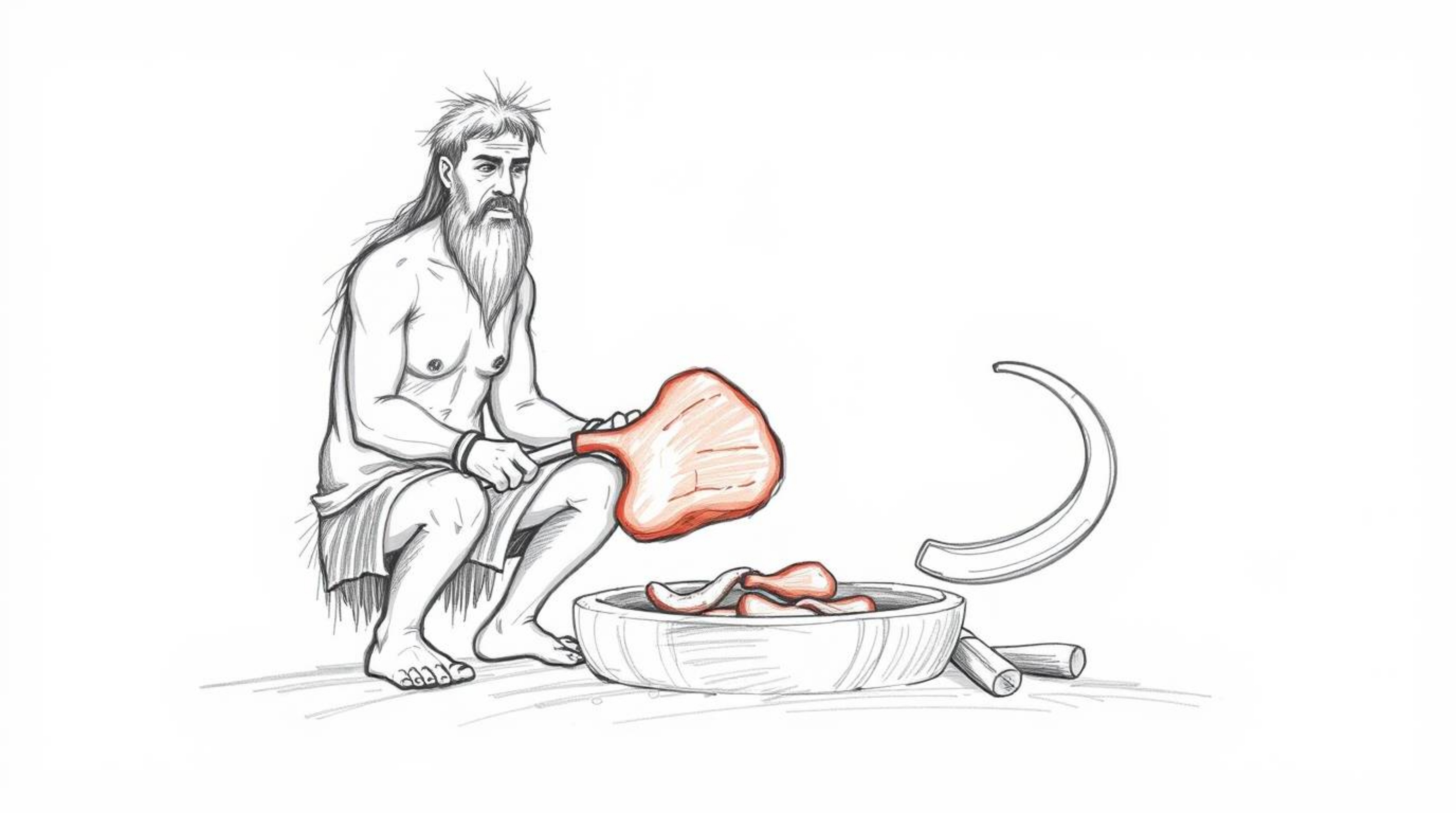 This artwork features a hand-drawn sketch of a caveman expertly preparing mammoth meat. The piece emphasizes smooth gradient 