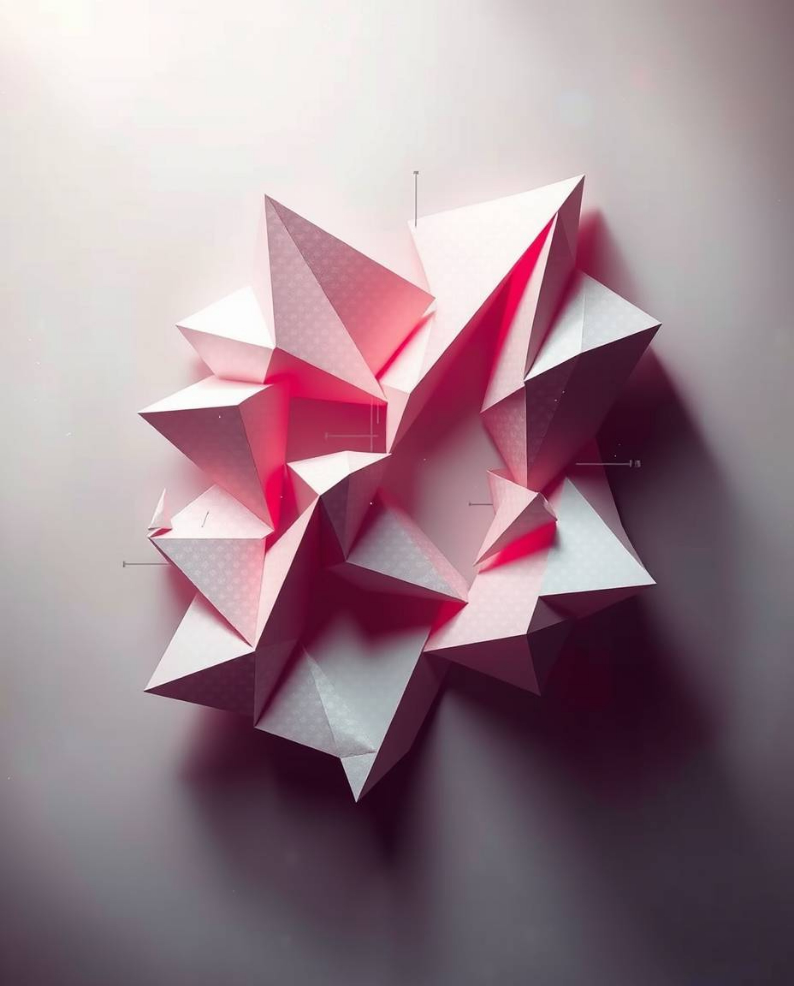 Explore intricate origami-style abstract shapes rendered with captivating glitch effects, fragmentation, and scanlines. Prese