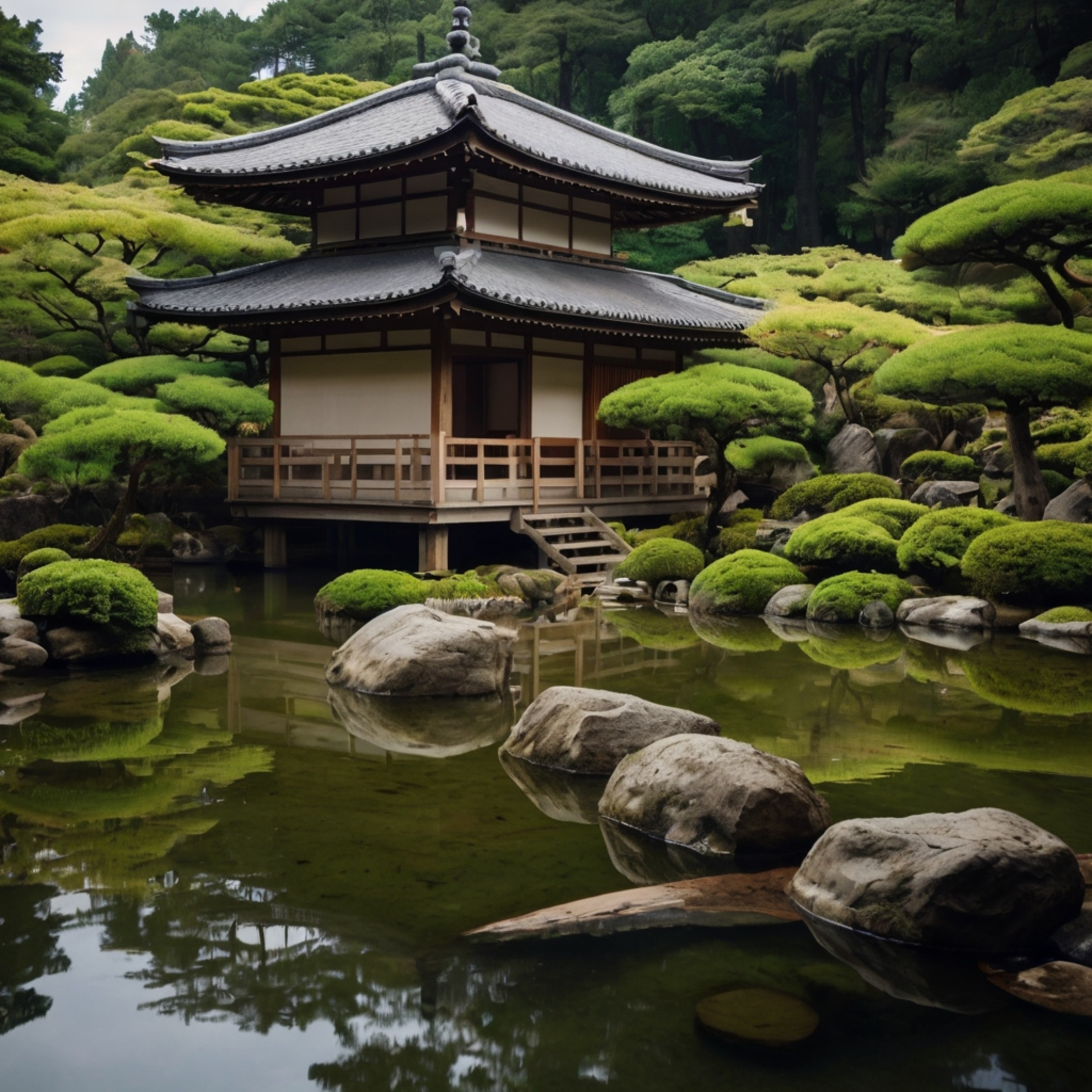 Discover the serenity of a Japanese Zen garden, featuring traditional wooden tea houses and a tranquil pond enveloped by lush