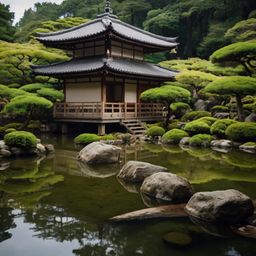 Discover the serenity of a Japanese Zen garden, featuring traditional wooden tea houses and a tranquil pond enveloped by lush