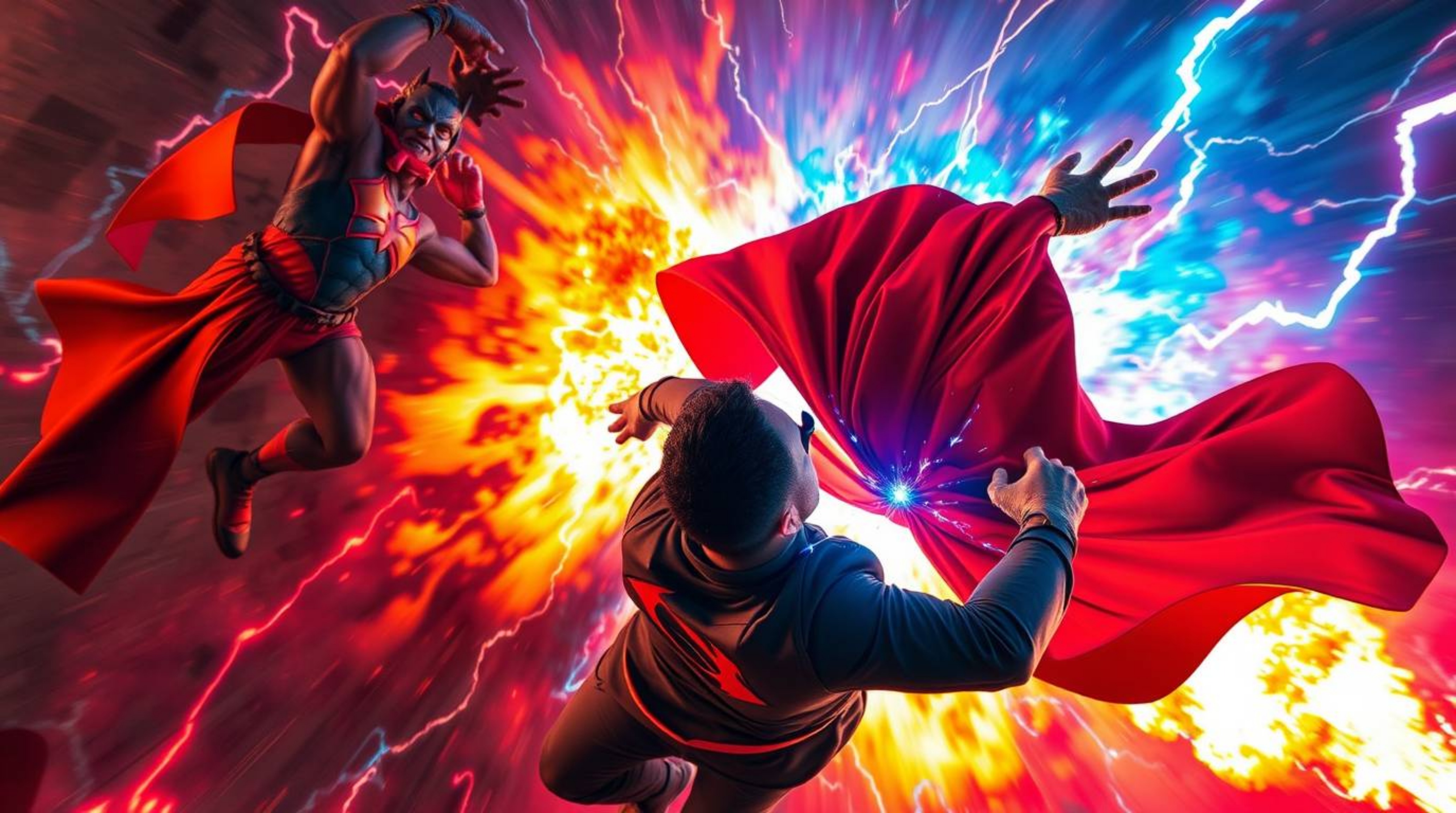 Overhead bird's-eye view showcases a superhero engaged in a dynamic battle with a villain, highlighted by a vibrant explosion