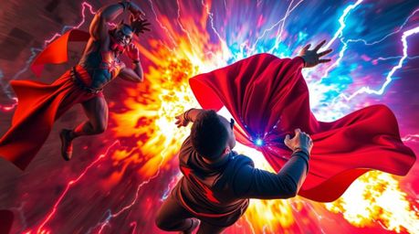Overhead bird's-eye view showcases a superhero engaged in a dynamic battle with a villain, highlighted by a vibrant explosion