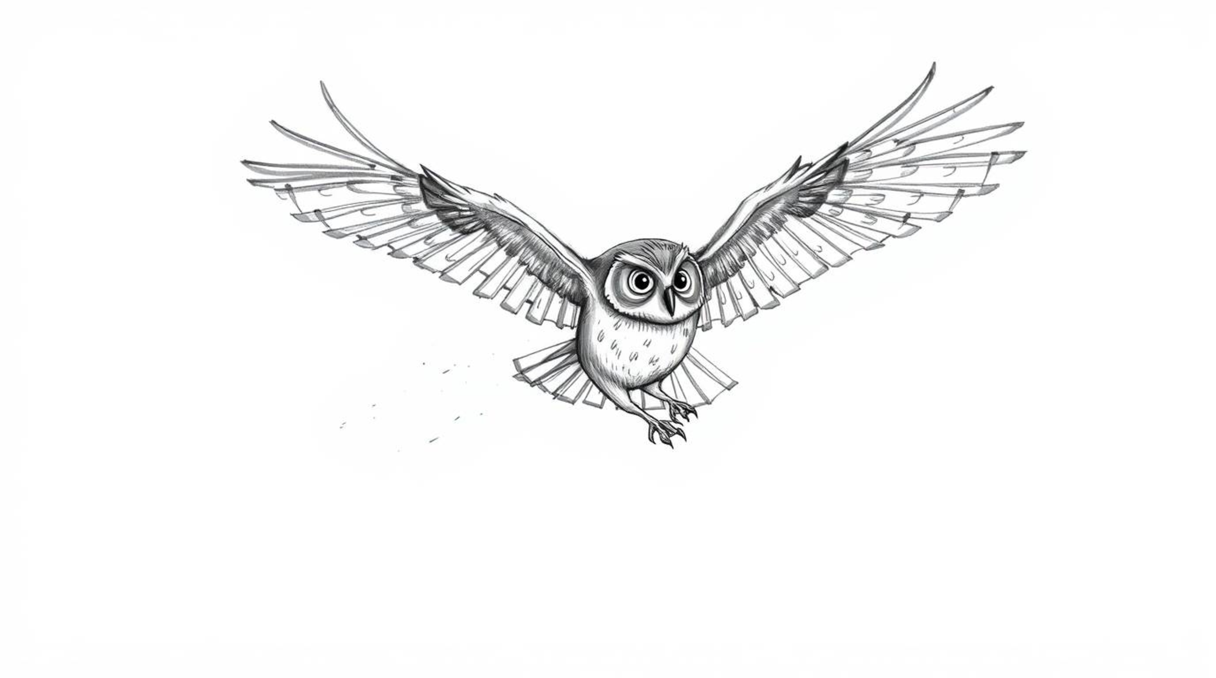 A heartwarming hand-drawn sketch in the style of Pixar portrays a blind owl gracefully mid-flight, dedicated to teaching othe