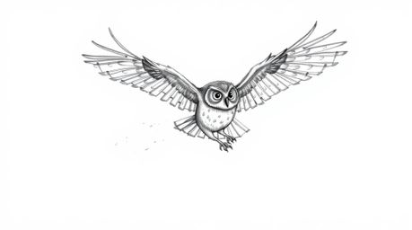 A heartwarming hand-drawn sketch in the style of Pixar portrays a blind owl gracefully mid-flight, dedicated to teaching othe