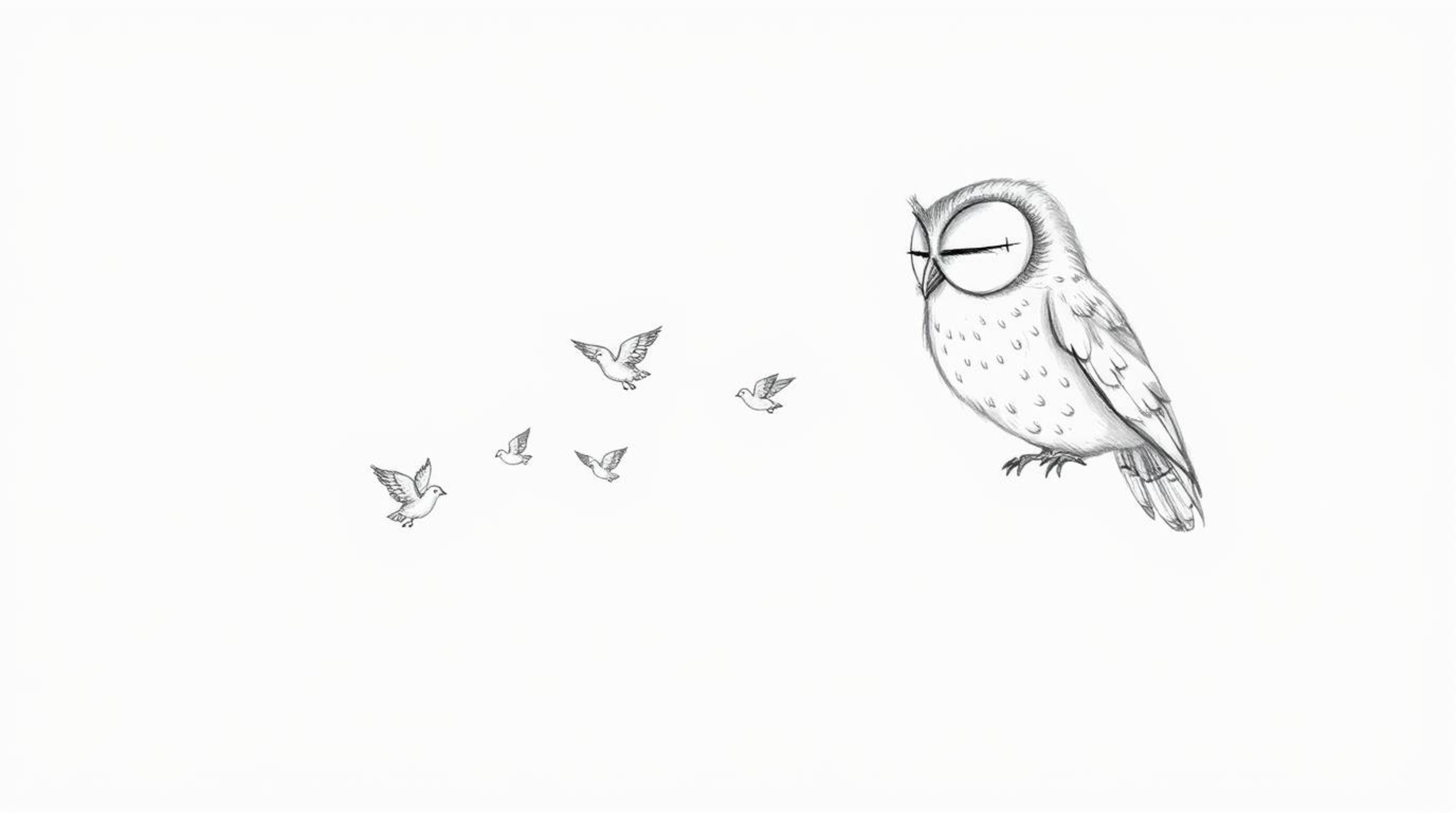 A whimsical hand-drawn sketch in a textured pencil style reminiscent of Pixar animation.  A blind owl, with soft features, ge