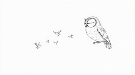 A whimsical hand-drawn sketch in a textured pencil style reminiscent of Pixar animation.  A blind owl, with soft features, ge