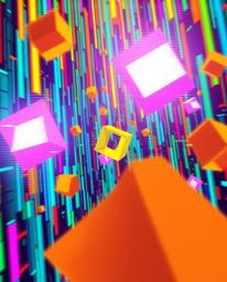 A vibrant digital artwork captures a mesmerizing scene of glitched geometric shapes gracefully floating within a cyberspace m