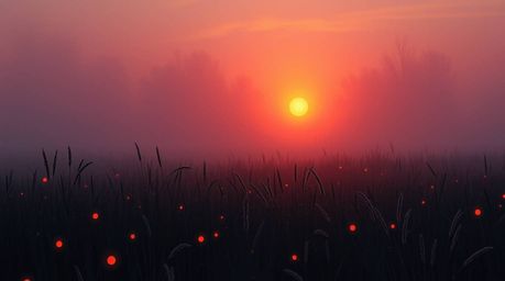 This painting captures a breathtaking sunset over a serene meadow, where fireflies begin their magical dance.  The close-up s