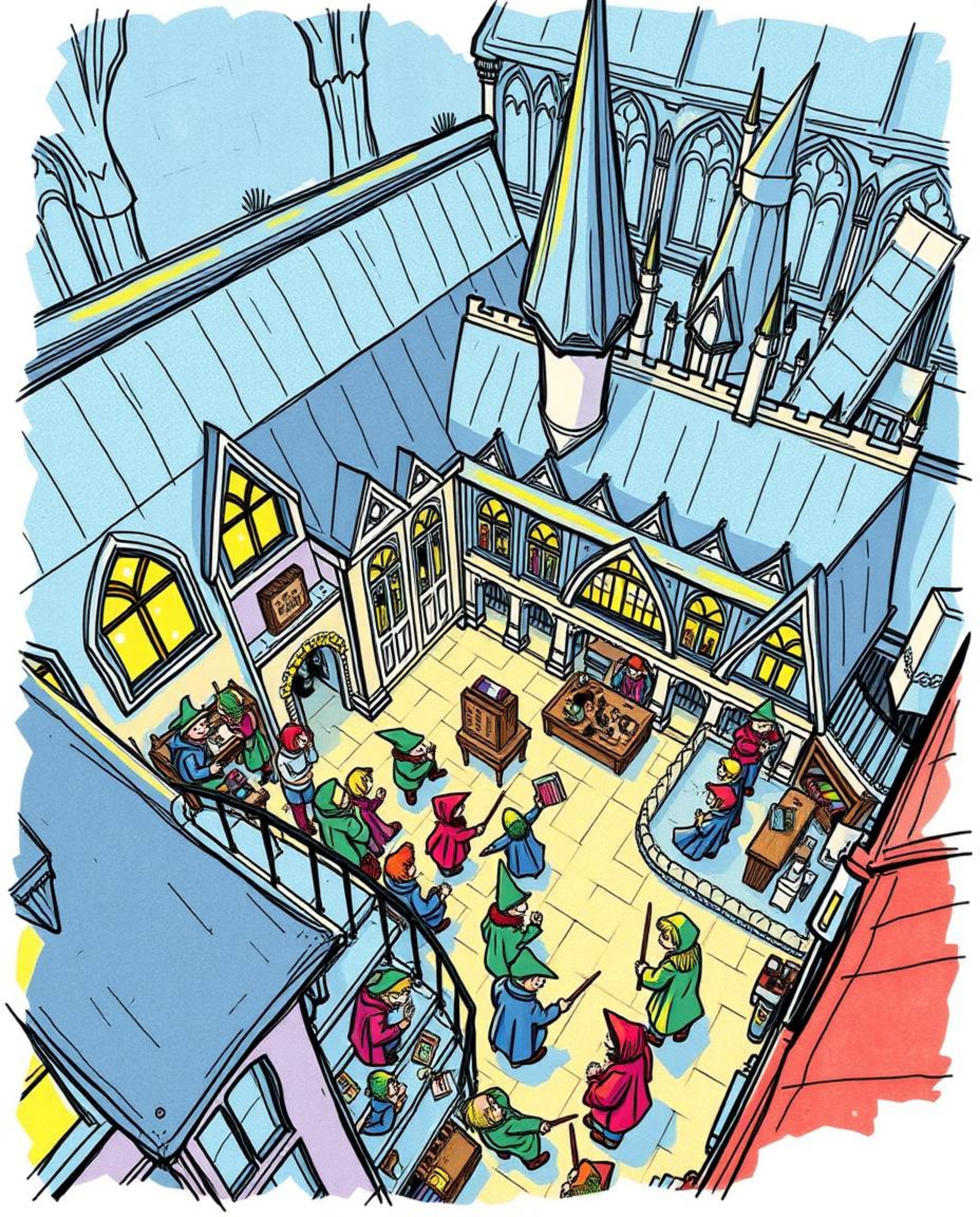A high-angle, hand-drawn sketch depicting a magical school brimming with young wizards. Rendered in a vibrant and engaging sk