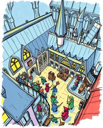 A high-angle, hand-drawn sketch depicting a magical school brimming with young wizards. Rendered in a vibrant and engaging sk