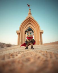 An extreme macro architectural color photograph captures a small but brave Disney-style hero embarking on a thrilling desert 
