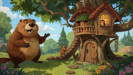 A highly detailed, high-resolution stock photo captures a proud, anthropomorphized beaver with warm, fluffy fur, standing on
