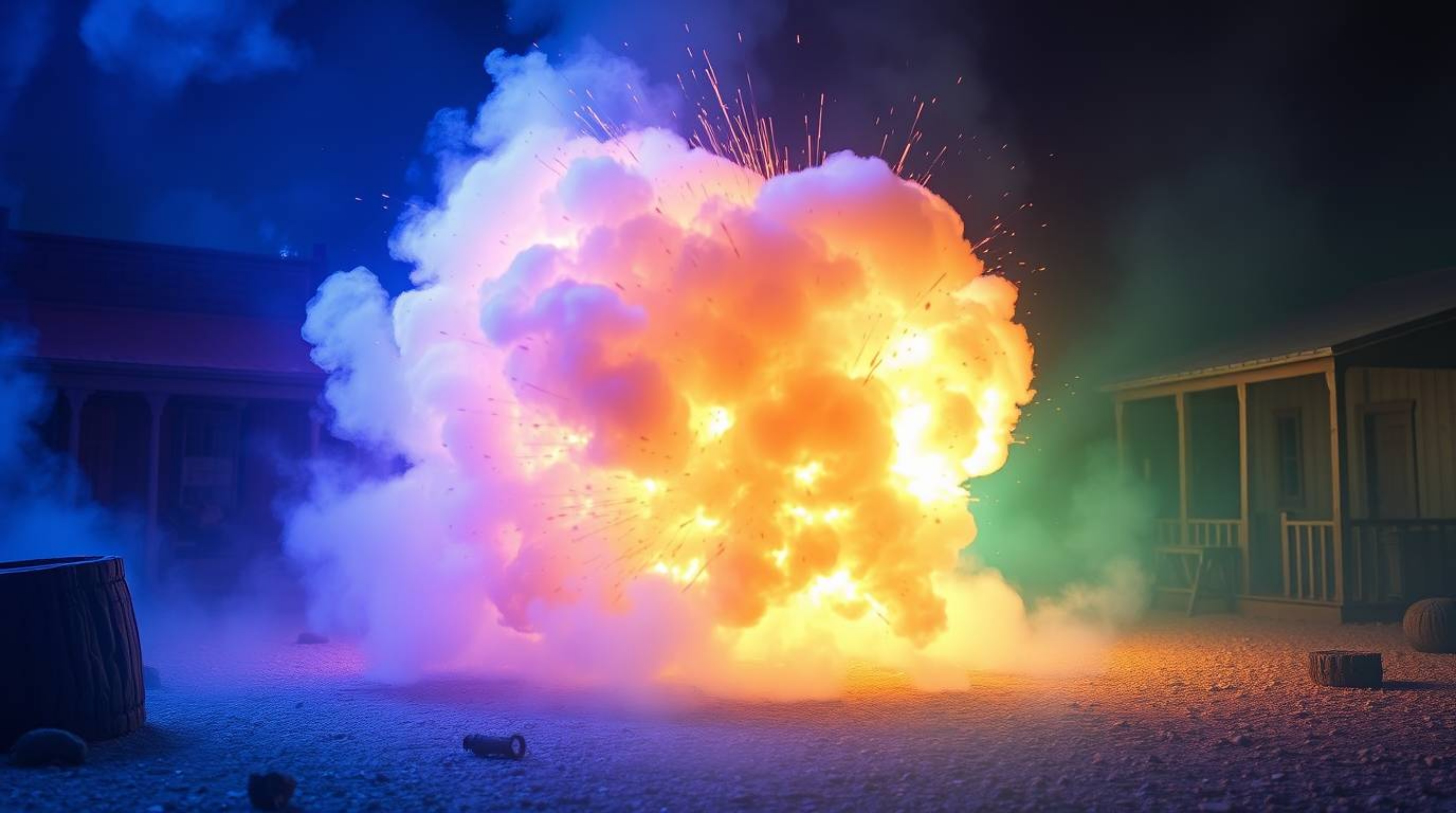 Experience a classic exploding TNT gag set against the backdrop of the wild west, rendered in cool, mystic colors. This encha