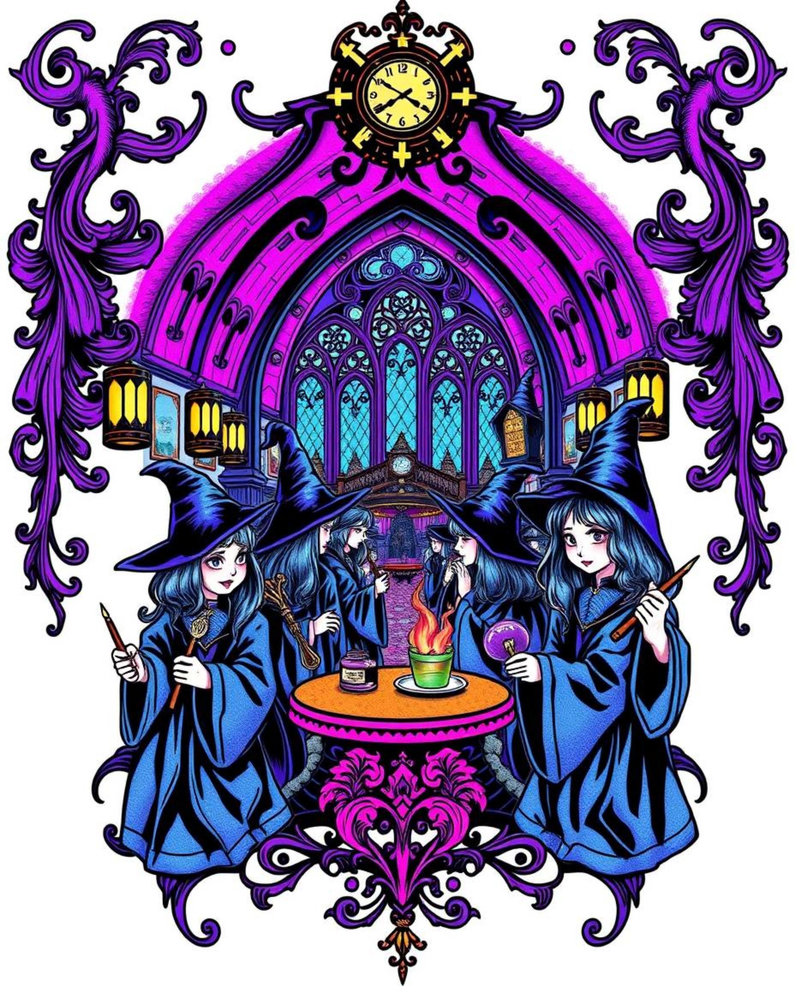 This striking art print depicts a magical school teeming with young wizards, rendered in the style of a symbolic traditional 
