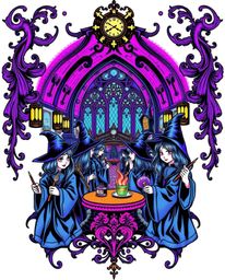 This striking art print depicts a magical school teeming with young wizards, rendered in the style of a symbolic traditional 