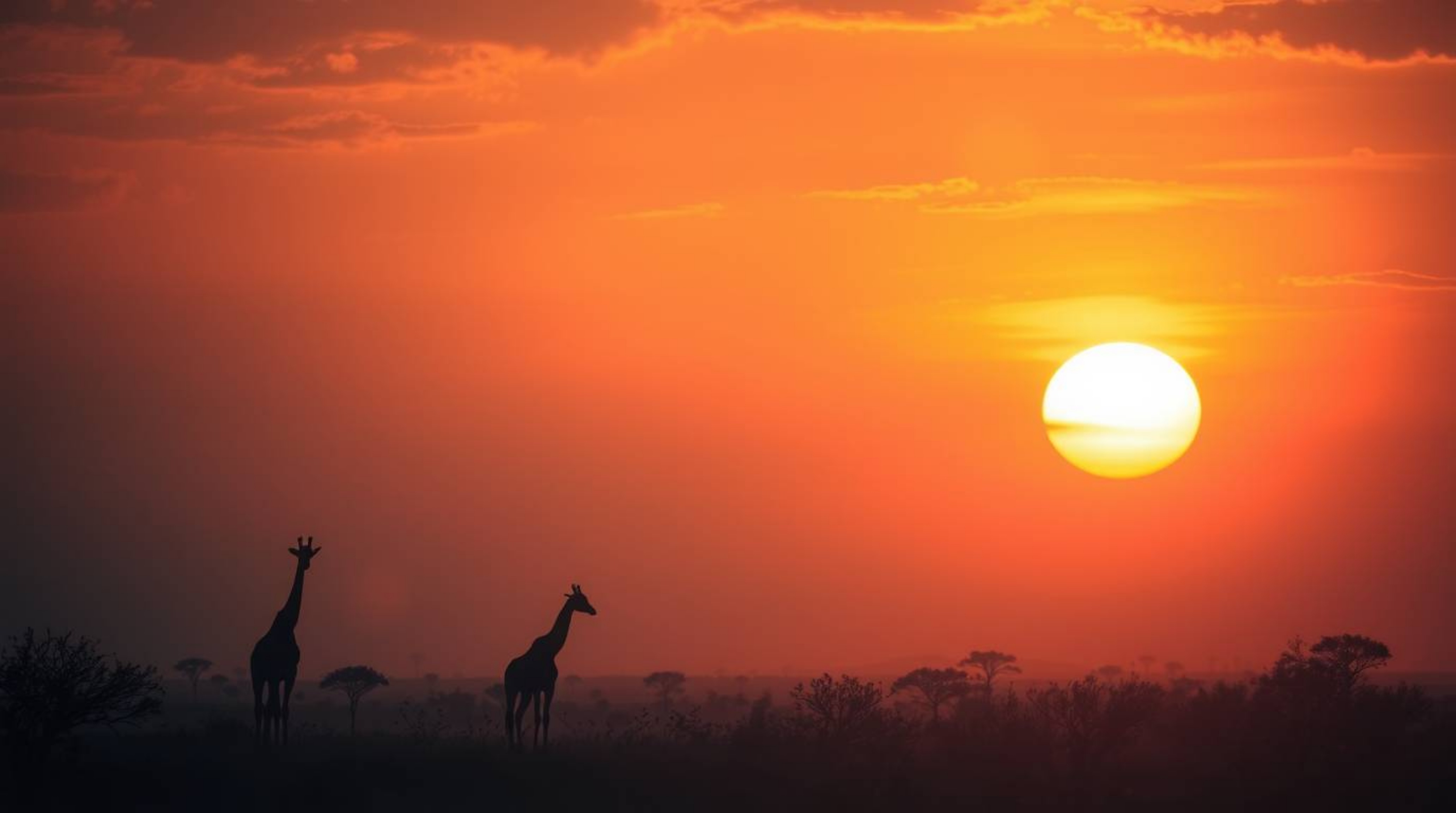 Immerse yourself in the soft and dreamy atmosphere of this savanna sunset artwork. Silhouetted giraffes stand peacefully agai