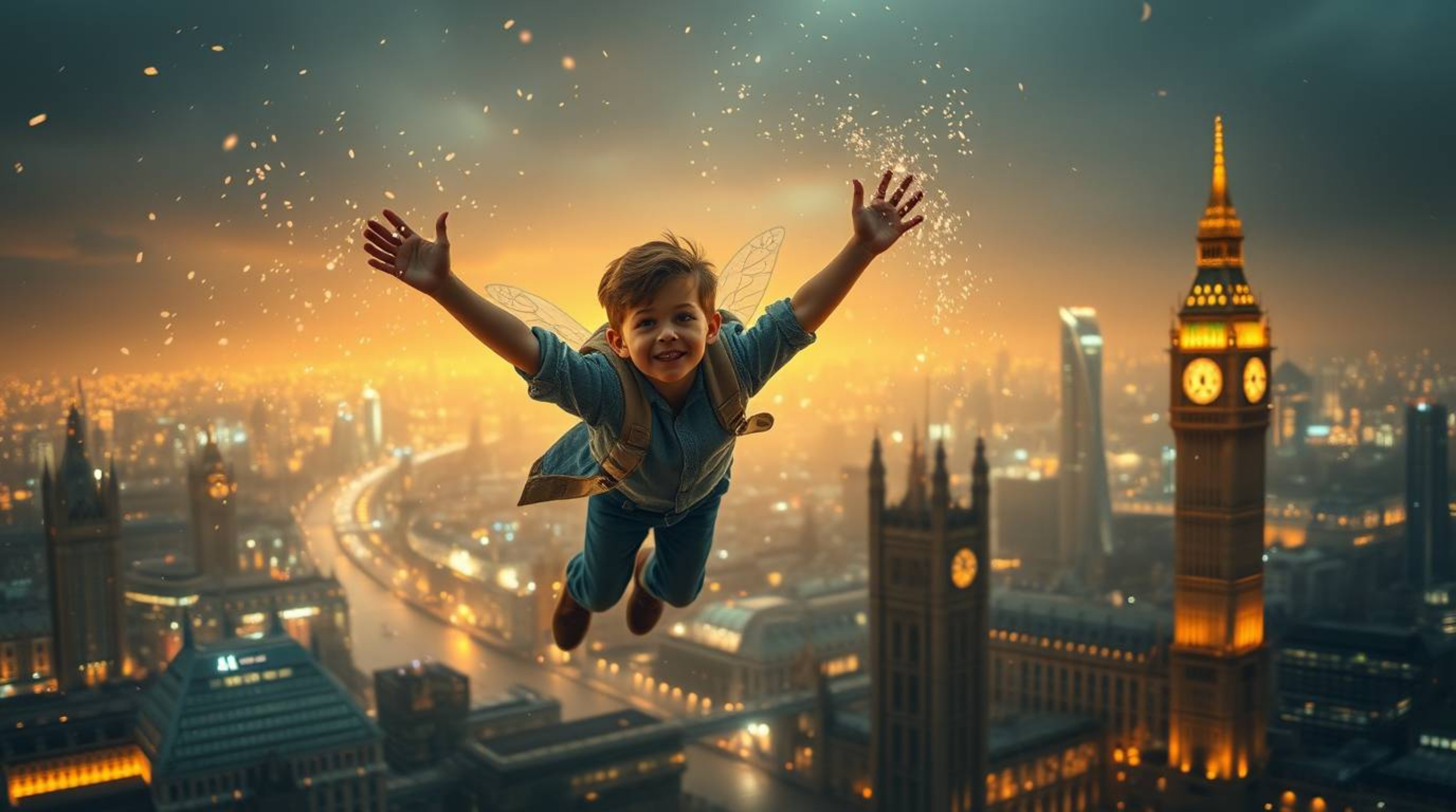 A captivating image depicting a young boy soaring above the London skyline with pixie dust, creating a magical and epic scene