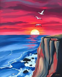 This is a sophisticated and elegant, impressionistic-style painting of a sunset over a coastal cliff, complete with soaring b