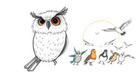 A heartwarming hand-drawn sketch in the style of Pixar, depicting a wise, blind owl with soft, feathery textures leading a di
