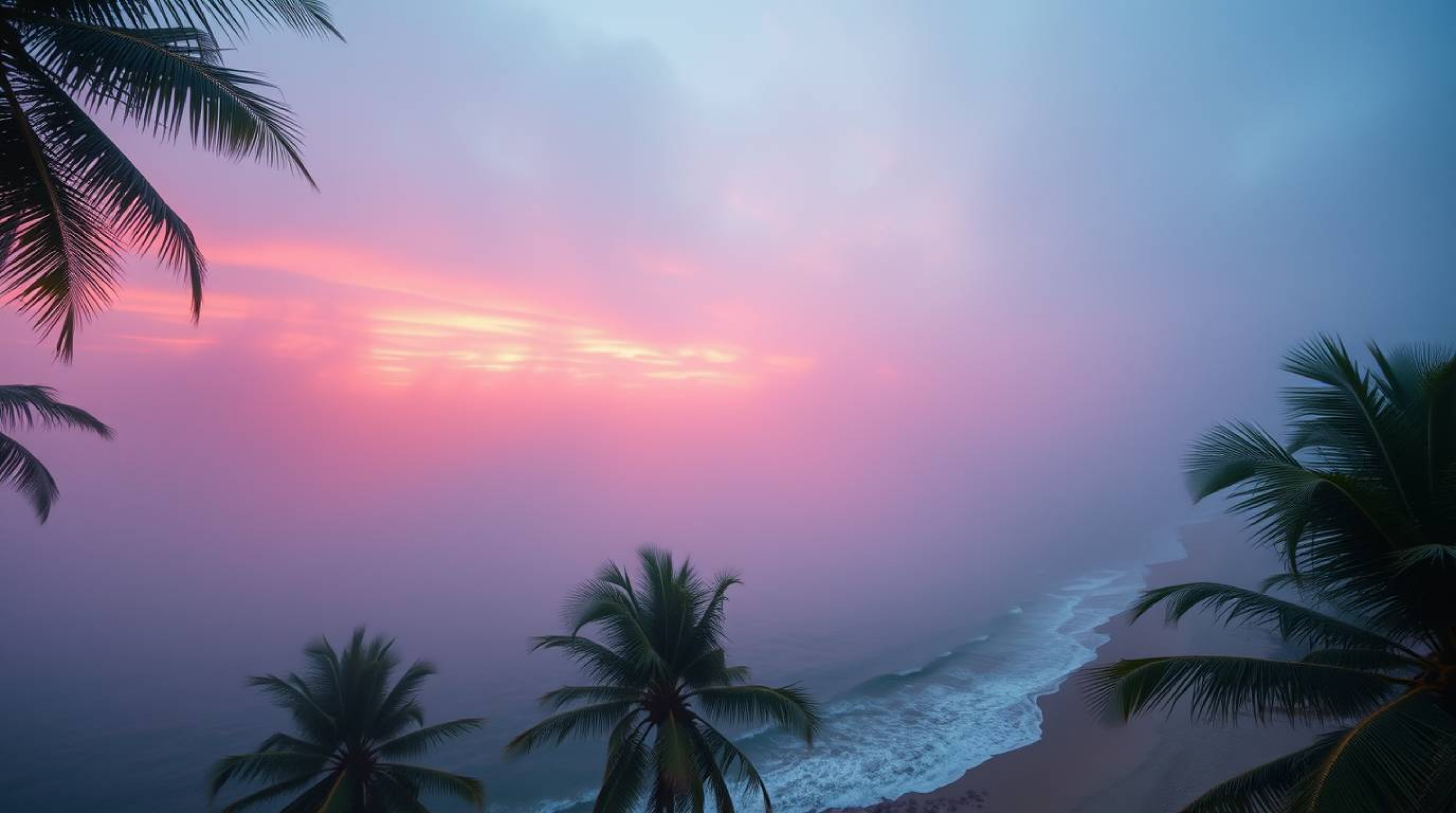Experience the magic of a tropical beach sunset, where swaying palm trees meet a vibrant display of electric colors. Shrouded