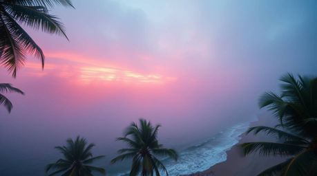 Experience the magic of a tropical beach sunset, where swaying palm trees meet a vibrant display of electric colors. Shrouded