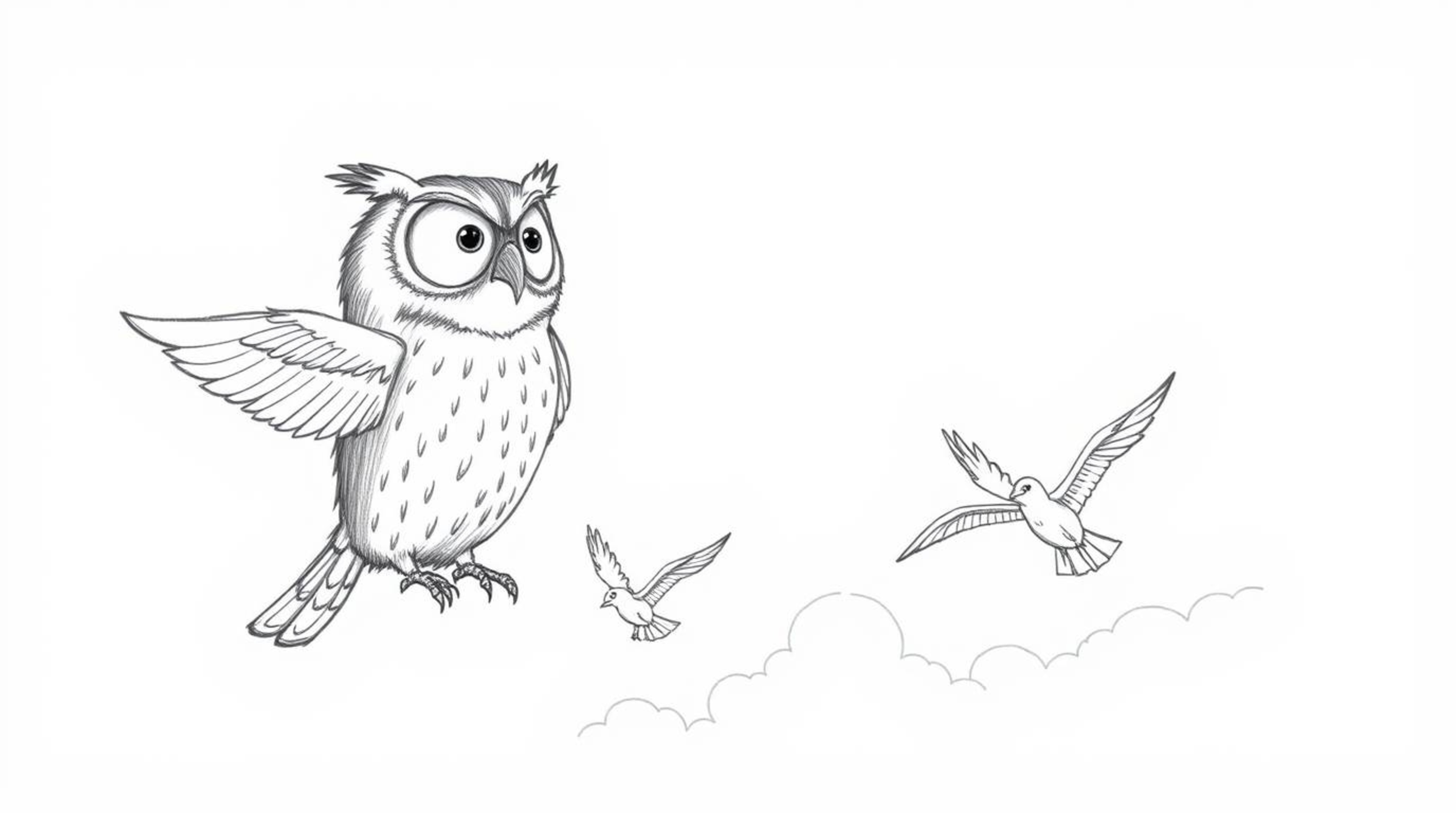A heartwarming hand-drawn sketch in Pixar style depicts a wise, blind owl with expressive eyes teaching a group of birds how 