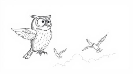A heartwarming hand-drawn sketch in Pixar style depicts a wise, blind owl with expressive eyes teaching a group of birds how 