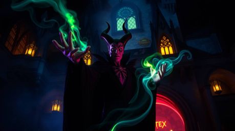 A classic Disney villain is dramatically casting a spell in an old castle, bathed in glowing bioluminescent colors and natura