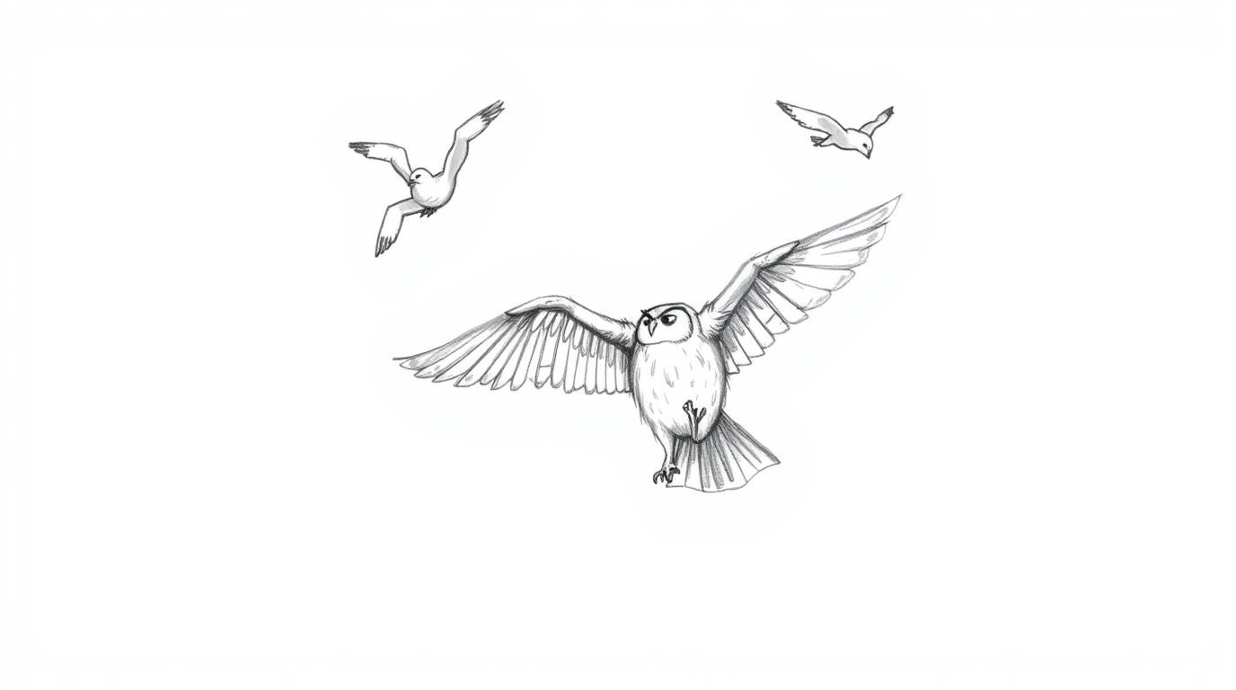 A heartwarming hand-drawn sketch reminiscent of Pixar, portraying a wise, blind owl imparting the art of flight to a group of