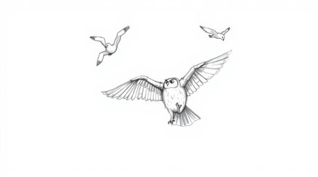 A heartwarming hand-drawn sketch reminiscent of Pixar, portraying a wise, blind owl imparting the art of flight to a group of