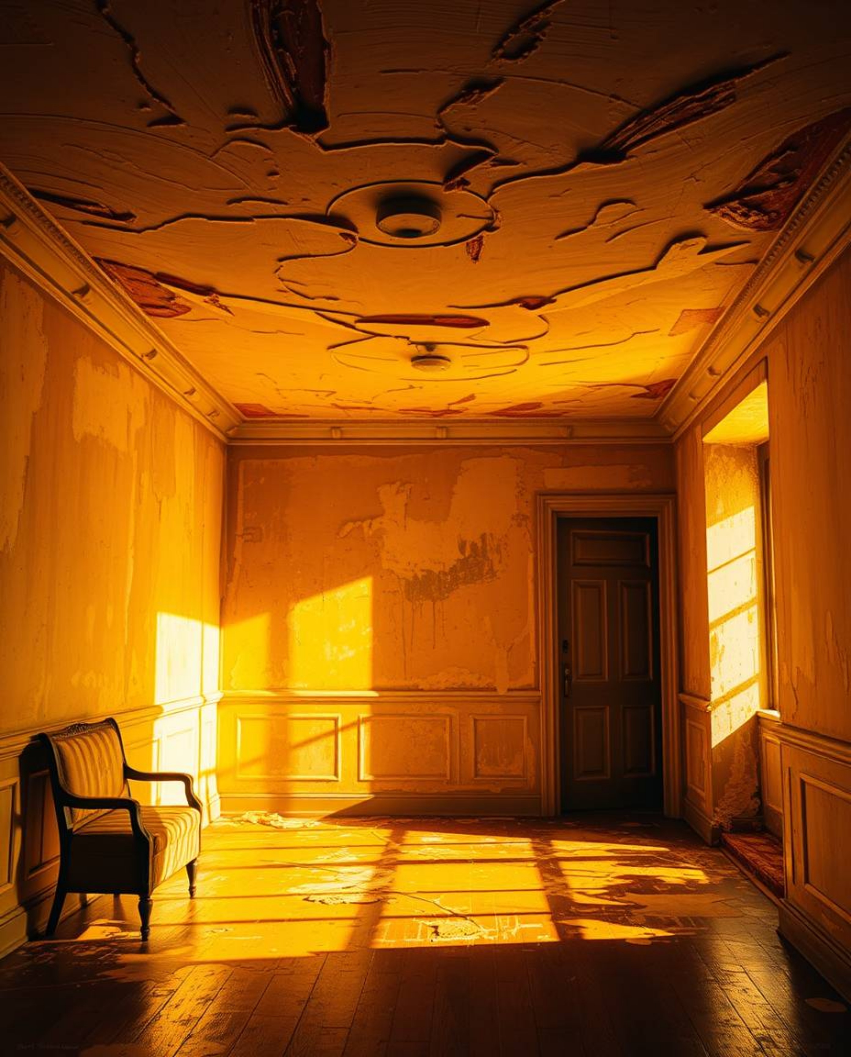 A room bursting with vibrant paint, captured in a striking high contrast, low-key lighting setting. Warm, golden hues dominat