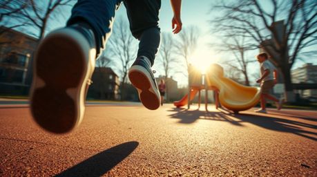 Experience the thrill of a dramatic slow-motion run through a playground captured in extreme macro detail. This candid street