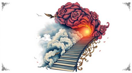 This digital illustration showcases a strong, moody style symbolic tattoo art print. A winding stairway of smoke and light as