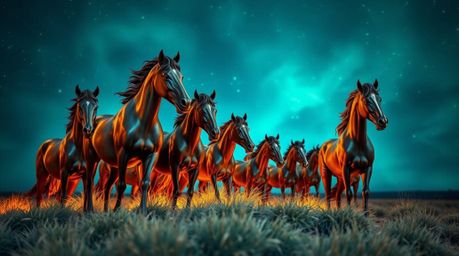 This cast bronze sculpture vividly depicts a herd of wild horses running under a breathtaking bioluminescent sky. The artwork